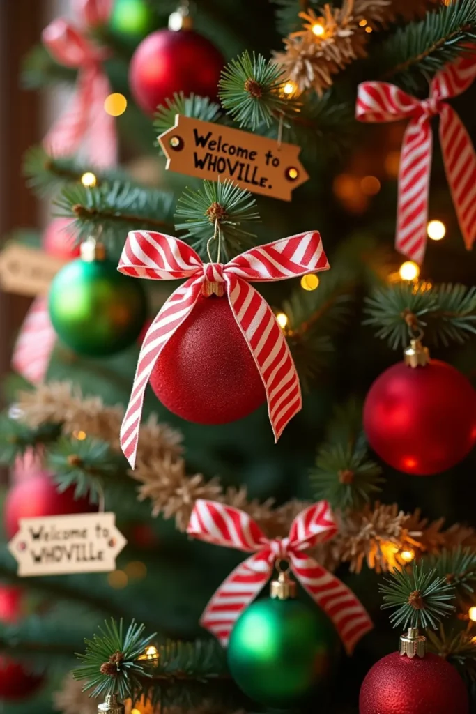 "Grinch Christmas tree with red-and-white ribbon bows, Whoville signs, and glowing festive lights."