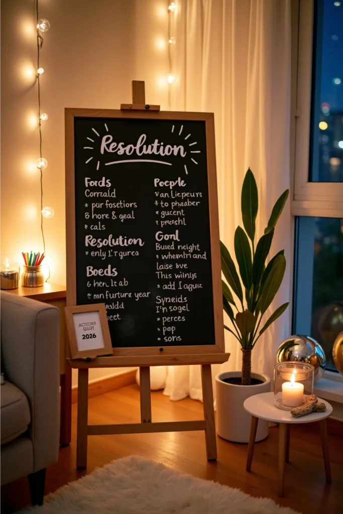 Interactive New Year resolution board with fairy lights, chalk, and festive living room decor.