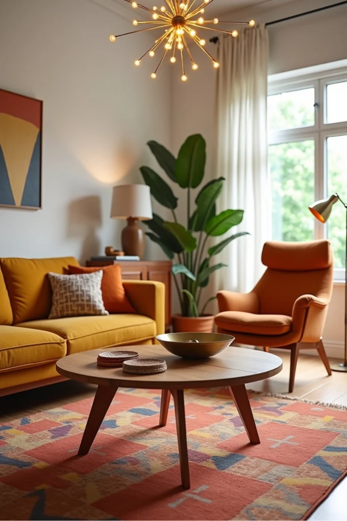 Retro mid-century modern living room with teak tripod coffee table, bold rug, and warm lighting.