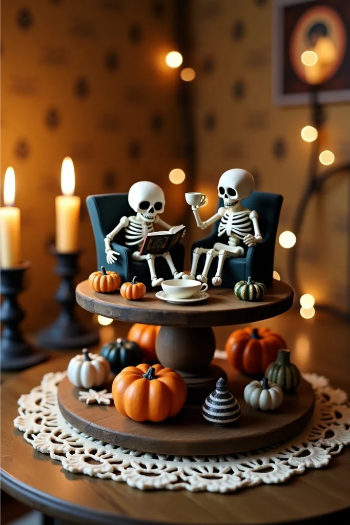 Retro Halloween tabletop with mini skeletons in playful poses, pumpkins, and warm candlelit shadows.