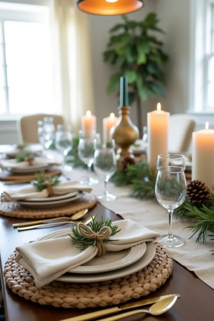“Holiday dining table with rosemary mini wreath napkin rings, linen napkins, and rustic natural decor.”