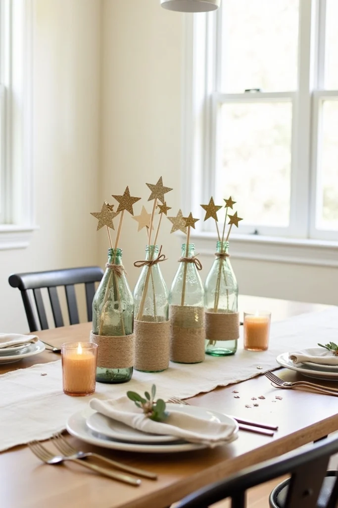 Twine-wrapped bottles with glittery star cutouts as rustic New Year’s Eve table centerpieces.