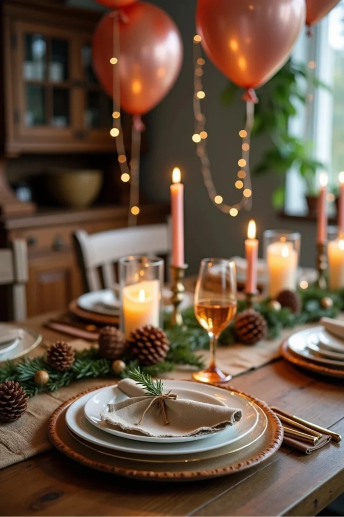 “Rustic New Year’s Eve table with burlap runner, pinecones, candles, and rose gold balloons above.”