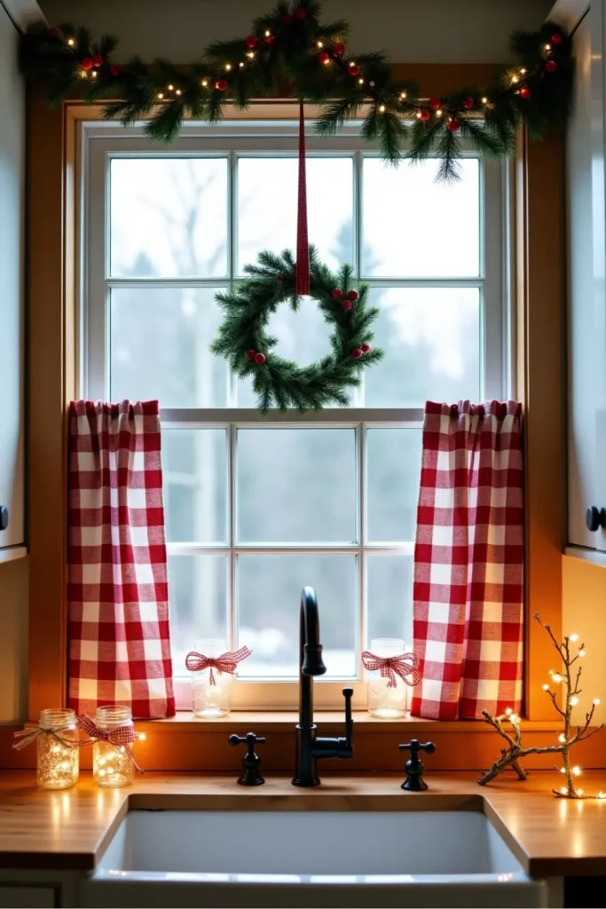 Rustic farmhouse kitchen window with garland, wreath, mason jar lights, and checkered curtains.