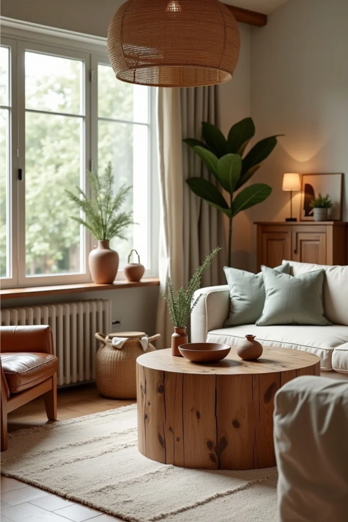 Rustic-modern living room with reclaimed wood drum coffee table, wool rug, and warm earthy accents.