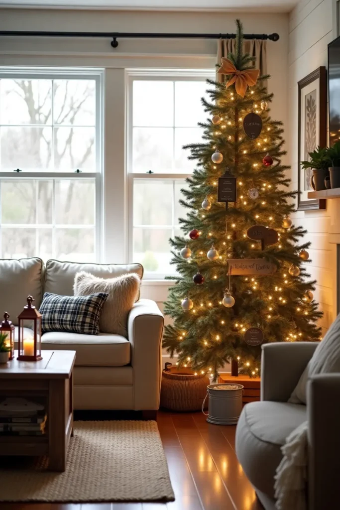 Rustic Christmas tree with burlap ribbon, buffalo check, and farmhouse decor in cozy living room.