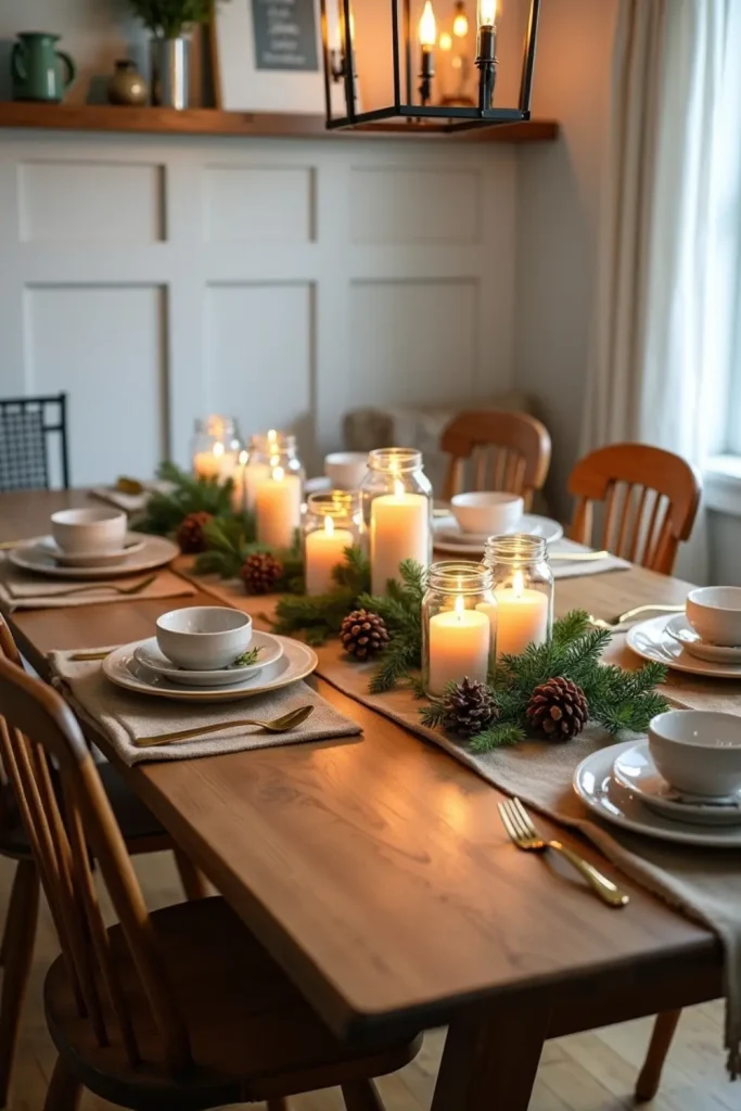 Rustic dining table with burlap runner, mason jar candles, pinecones, and greenery for New Year’s Eve.