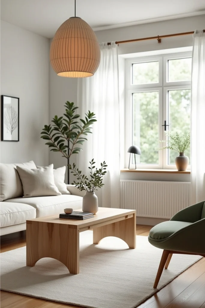 Scandinavian living room with light wood coffee table, linen sofa, soft rug, and airy minimalist decor.