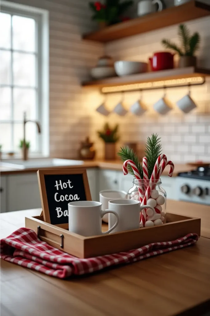Hot cocoa bar in kitchen with mugs, marshmallows, candy canes, and festive sign on rustic tray.