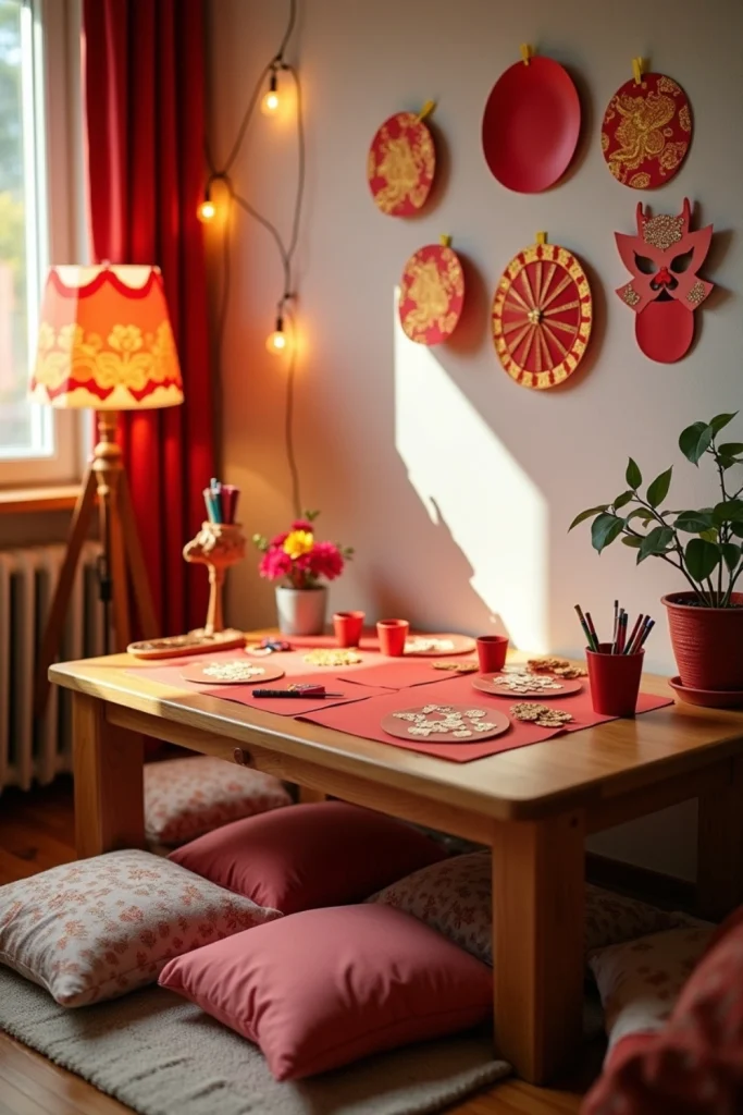 Kids’ craft table with red paper fans, masks, and art supplies for Lunar New Year family activity.