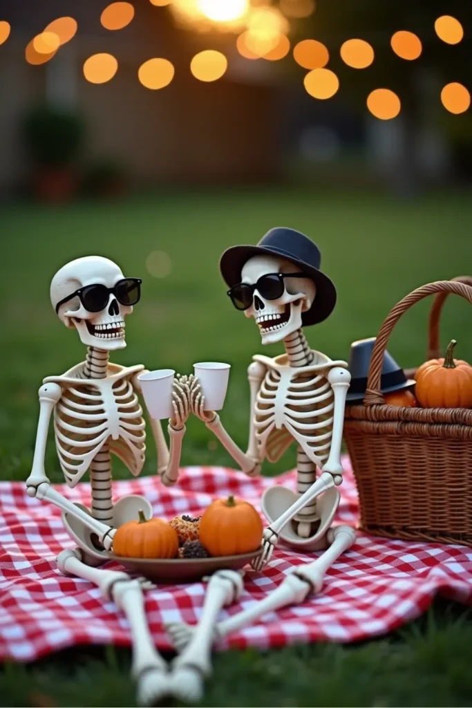 “Skeletons on a gingham blanket with picnic basket, pumpkins, and string lights for a funny Halloween display”