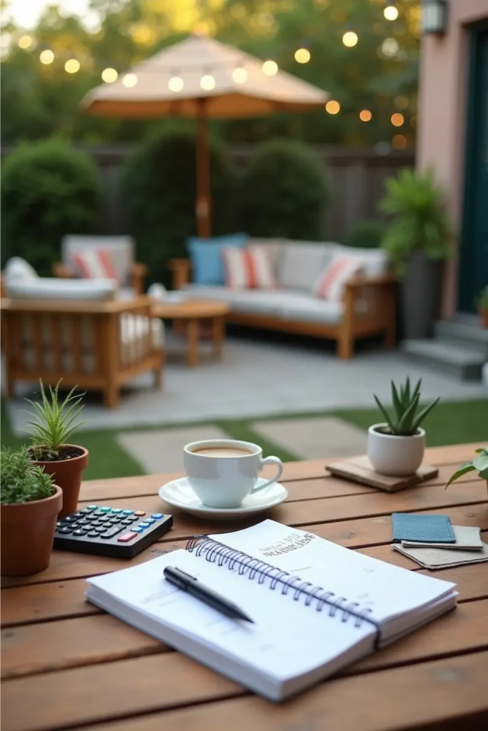 Backyard budget planning scene with notebook, calculator, and patio material samples on a table, with a cozy patio in the background.