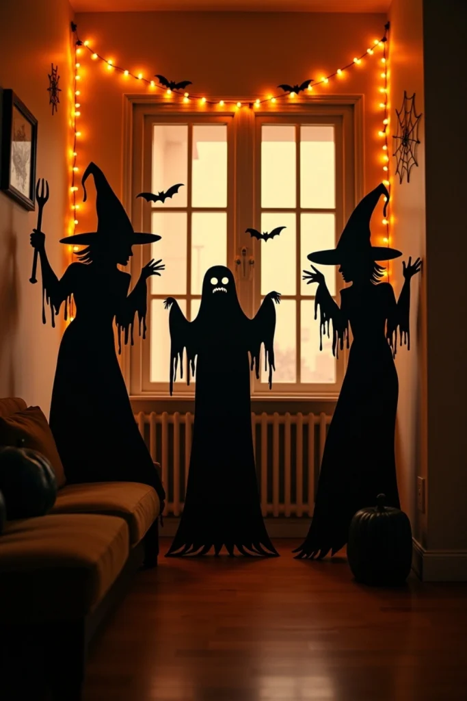 Black cardboard silhouettes backlit by string lights, casting eerie Halloween shadows on indoor walls.