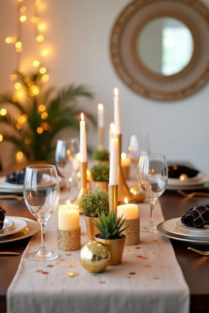 DIY glitter candle holders with LED candles, warm glow, and festive New Year’s table setting.