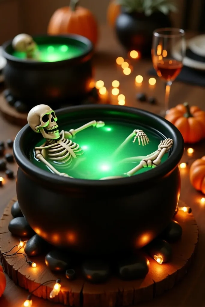 Skeleton lounging in glowing cauldron with rocks, fairy lights, and rustic Halloween table setting.