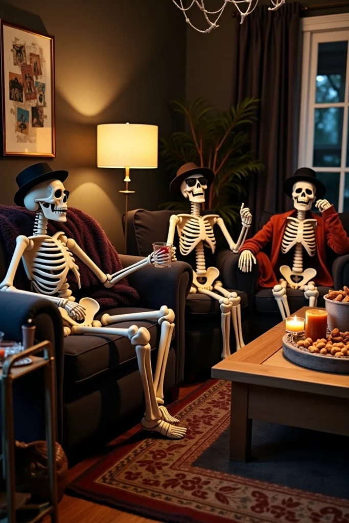 Cozy Halloween lounge with posed skeletons in hats and scarves, drinks in hand, for playful party fun.