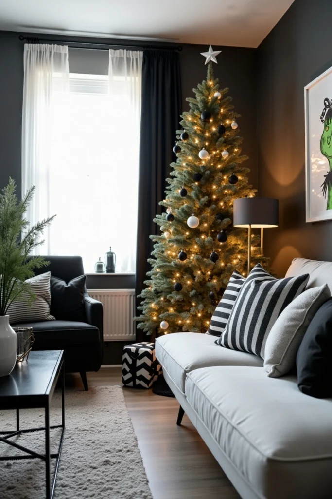 "Modern black-and-white Grinch holiday decor with minimalist tree, subtle green accents, and chic style."