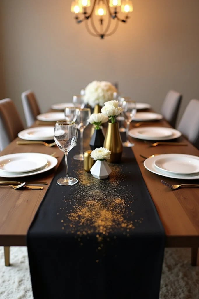 Black runner with hand-painted gold splatters on a chic New Year’s Eve table with modern white place settings.