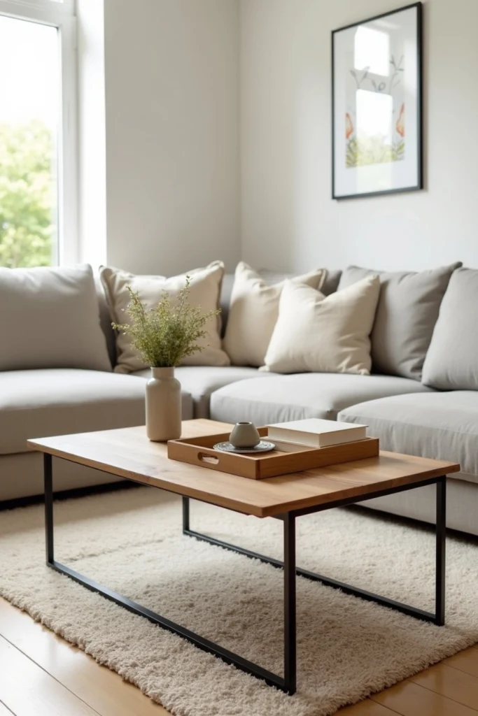 "Minimalist oak coffee table with slim metal legs, styled with vase and books in cozy small living room."