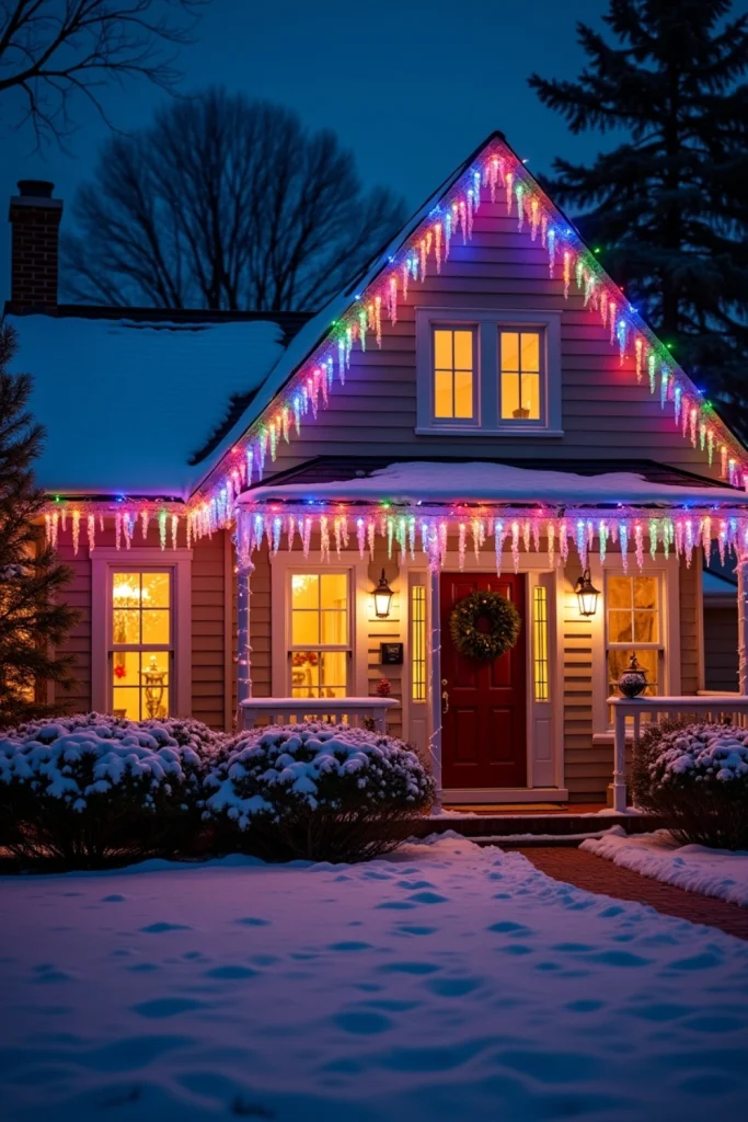 "Smart icicle lights sync to holiday music, creating a vibrant, colorful Christmas show on a snowy home."
