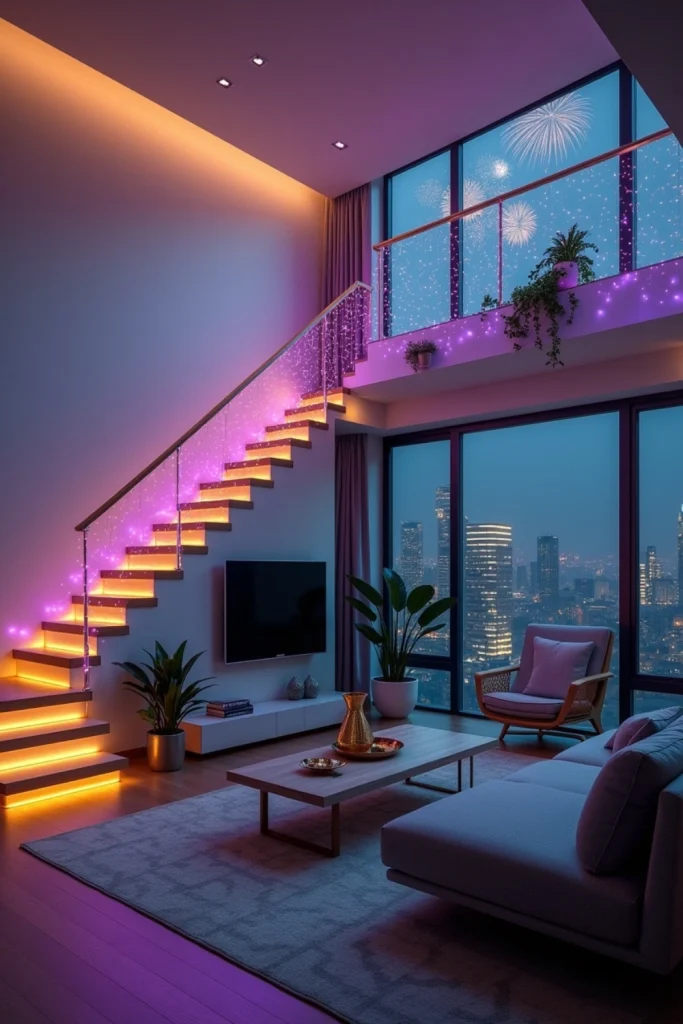 Smart string lights wrapping banister and ceiling with app control, glowing in festive New Year colors