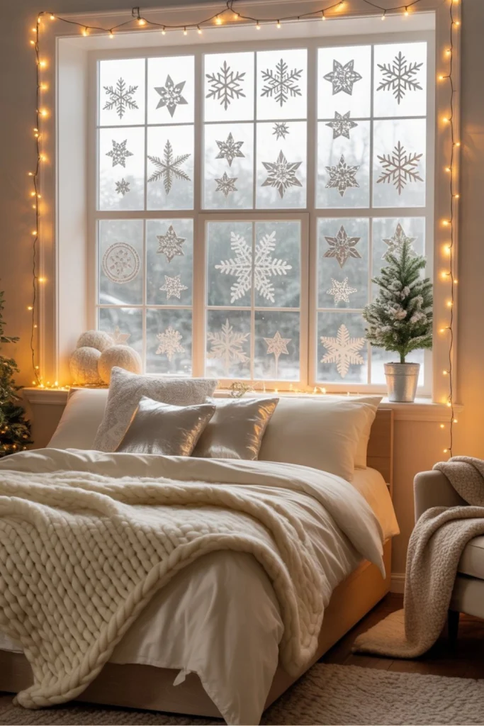 oliday bedroom with snowflake window clings, cream bedding, silver pillows, and warm fairy lights.