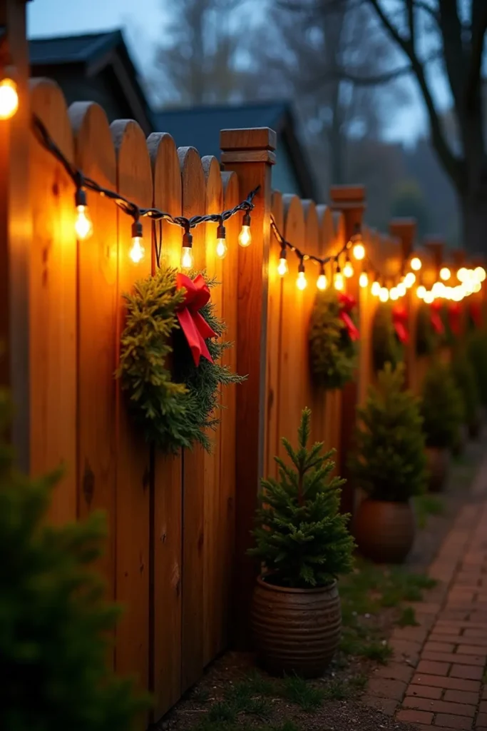"Solar-powered string lights draped on a wooden fence, creating effortless and eco-friendly Christmas charm."