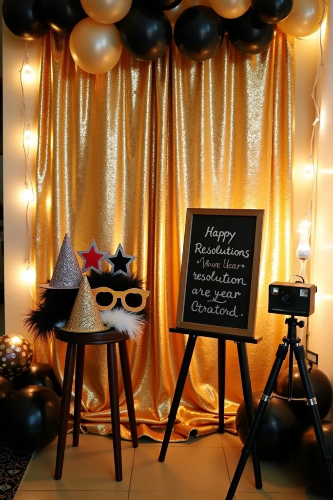 Gold sequin photo booth backdrop with props, chalkboard resolutions, and Polaroid camera setup