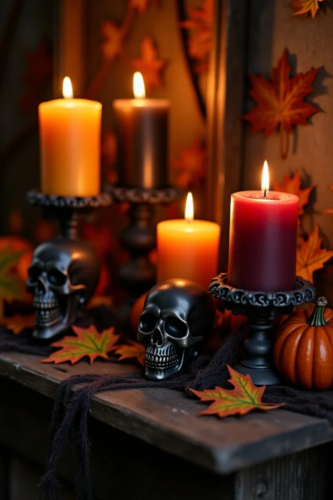 "Halloween candle display with black, orange, and red candles in skull holders glowing on a mantel."