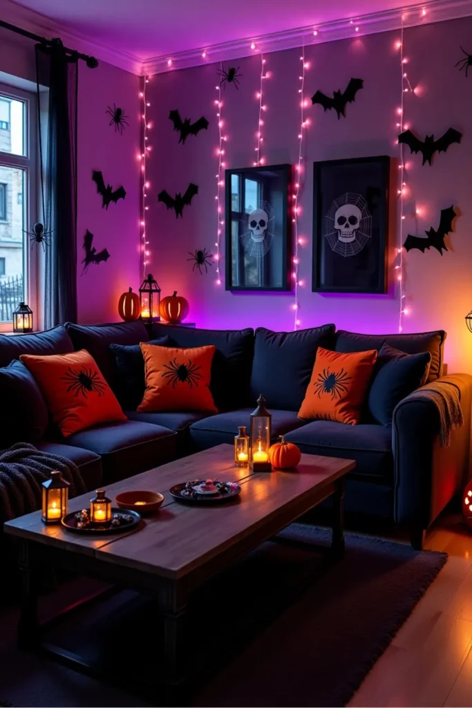 Halloween living room with glowing spider webs, pumpkins, spiders, and eerie purple accent lighting.