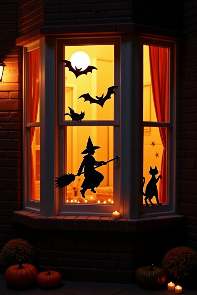 Warmly lit window with bat, witch, and cat silhouettes casting spooky shadows for Halloween night.