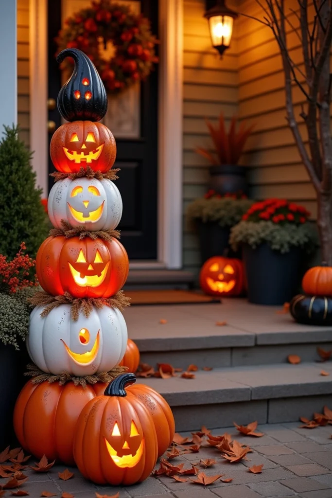 Stacked foam pumpkins glow with LED lights on a festive porch, surrounded by autumn leaves and decor.