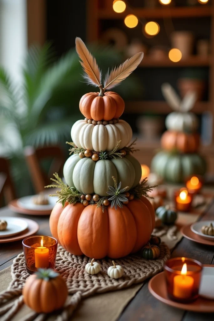 Stacked earthy-toned pumpkins with feathers and beads create a warm boho-chic Halloween table display.