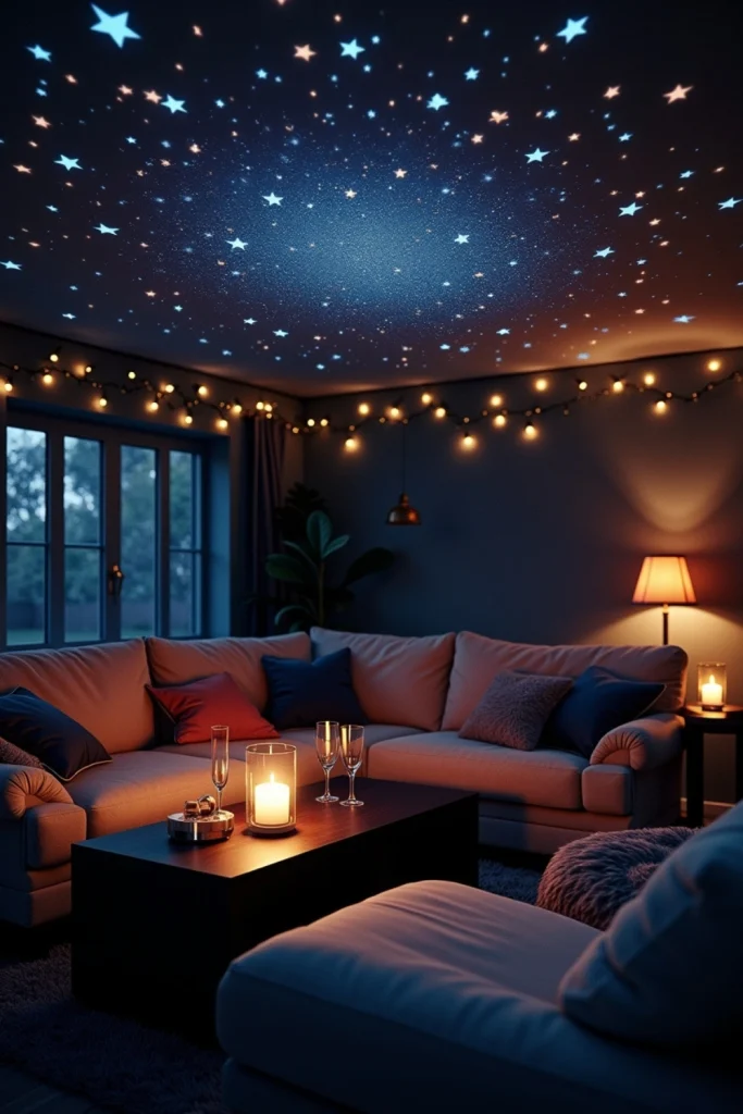 Starry ceiling projection over cozy lounge with velvet cushions, candles, and warm New Year’s Eve lights.