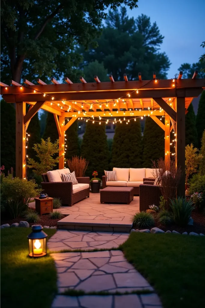 Backyard patio at dusk with string lights, solar path lights, and accent lighting creating a cozy, calming glow.