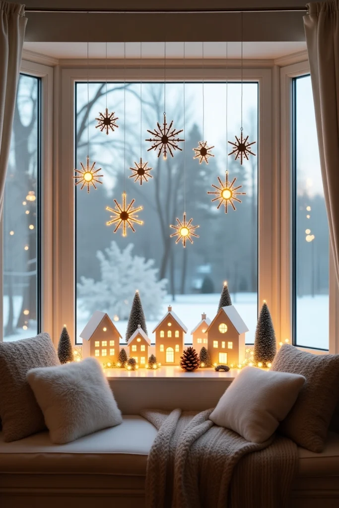 Bay window with floating snowflakes, glowing Christmas village, pinecones, and cozy window seat.