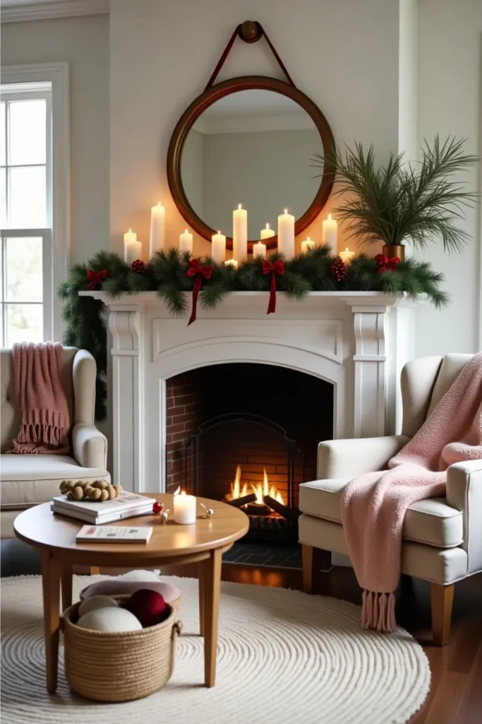 Classic Christmas mantel with candles, pine branches, red ribbon garland, and cozy festive seating