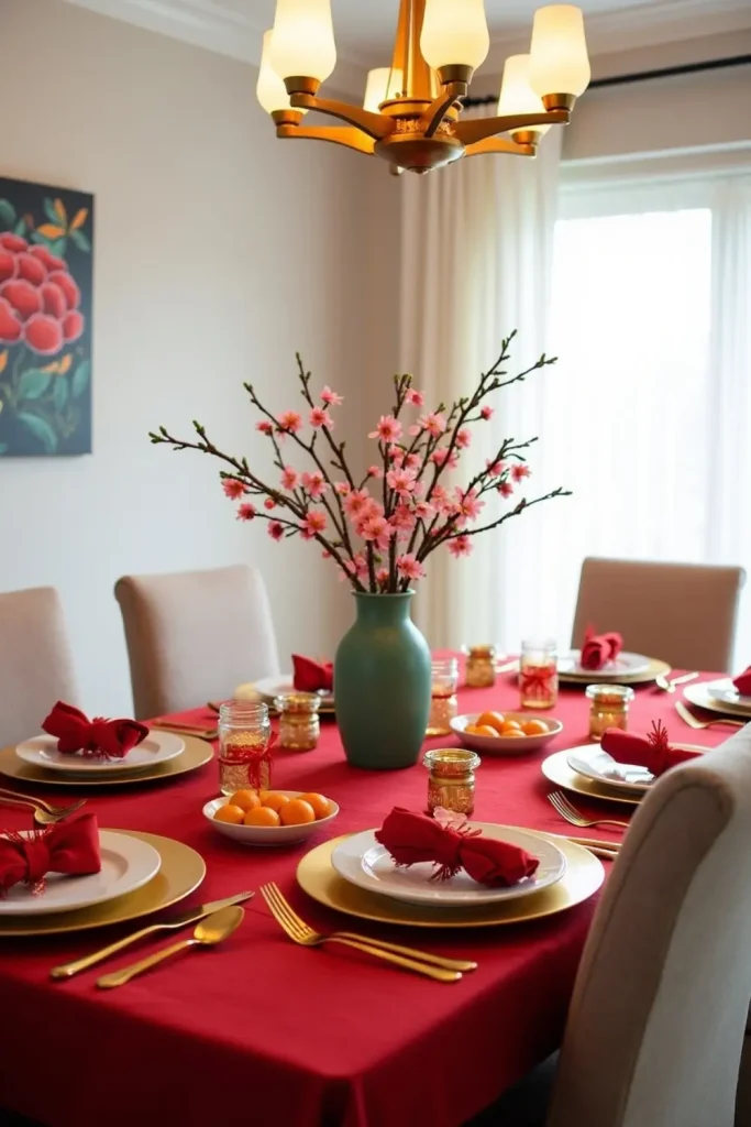 Red-and-gold dining table with candles, gold chargers, and festive Lunar New Year family meal decor.