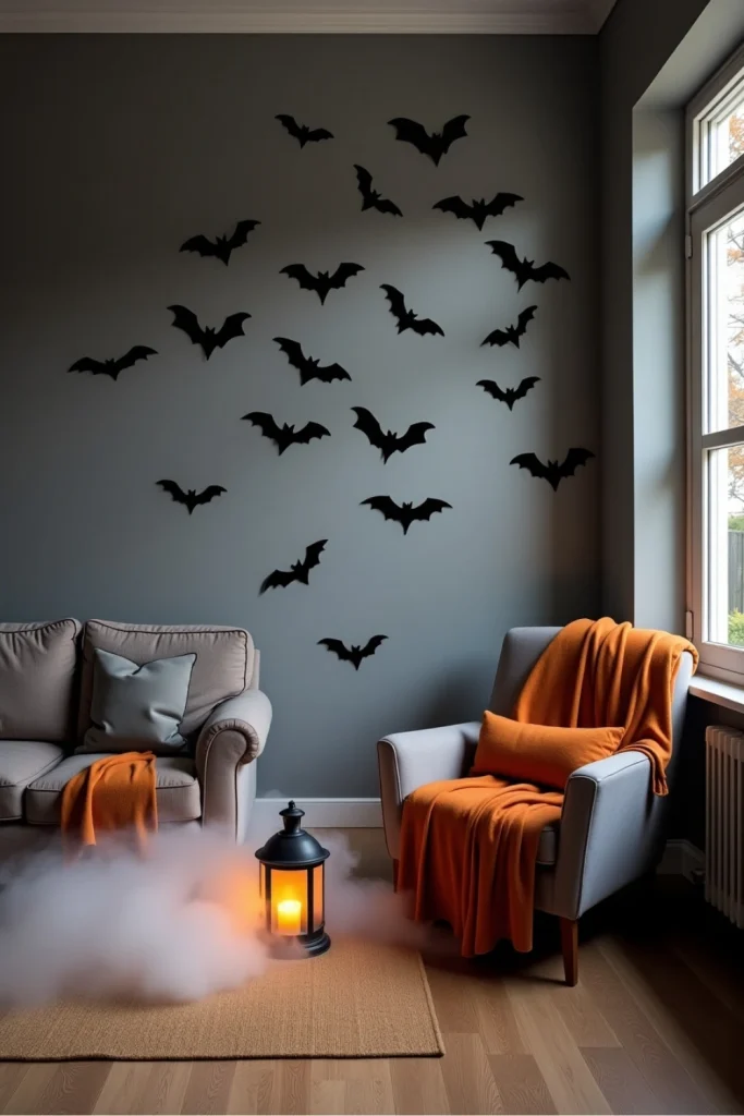 Eco-friendly Halloween bat swarm from upcycled cardboard with fog, shadows, and cozy seasonal touches.