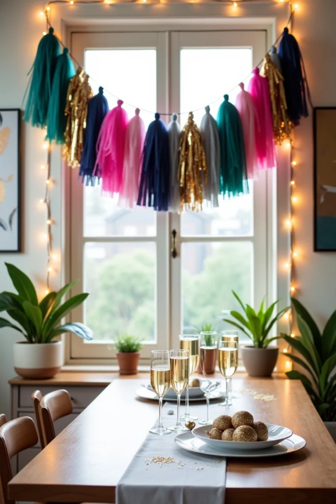 DIY tissue paper tassel banner with metallic accents over festive table and warm fairy lights.Detailed Breakdown