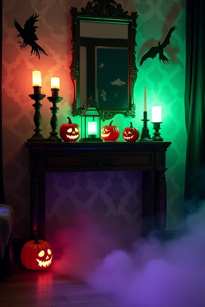 Green-purple Halloween fog with skulls, pumpkins, black candles, and ravens in Gothic haunted room.