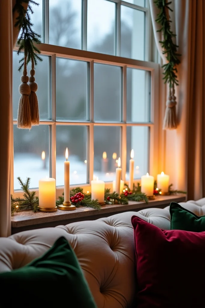Classic window with glowing LED candles in gold holders, faux snow, holly, and soft velvet accents.