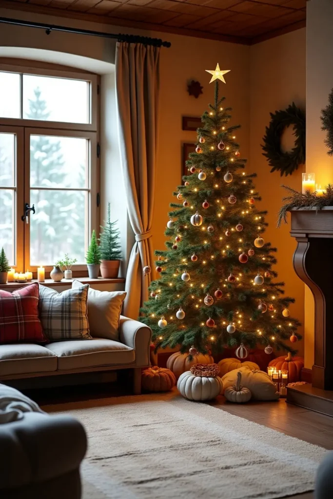 Traditional German Christmas tree with wooden ornaments, straw stars, dried fruit, and cozy decor.