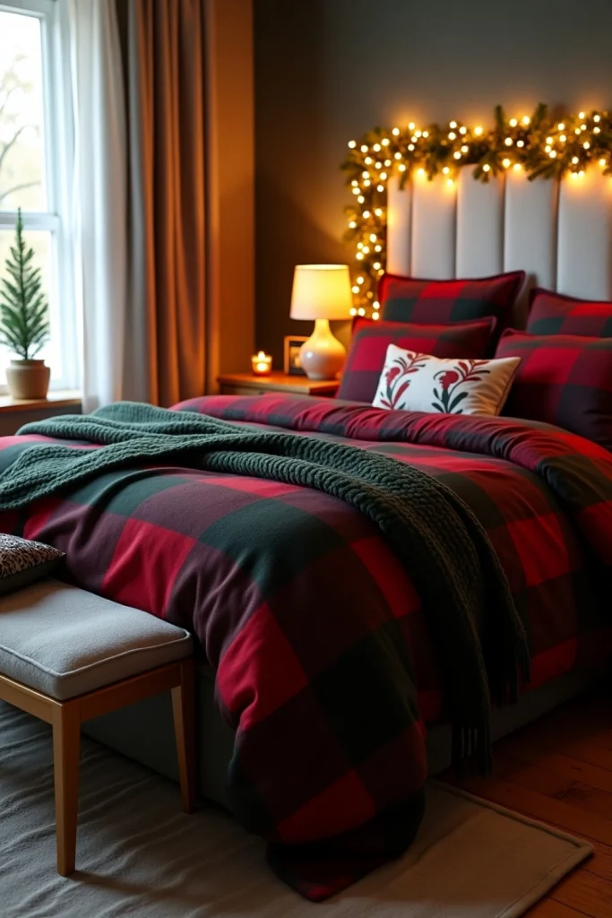 Plaid Christmas bedding and fairy lights on headboard create a warm, festive holiday bedroom retreat.