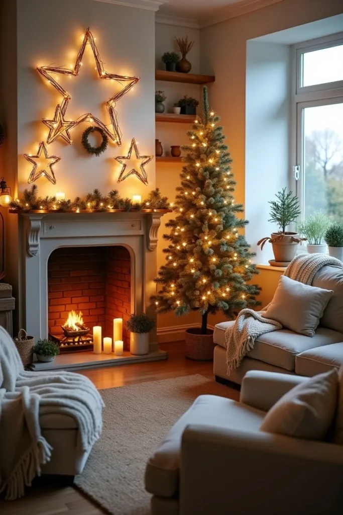“Twig star ornaments with warm fairy lights glowing on mantel and Christmas tree in cozy living room.”