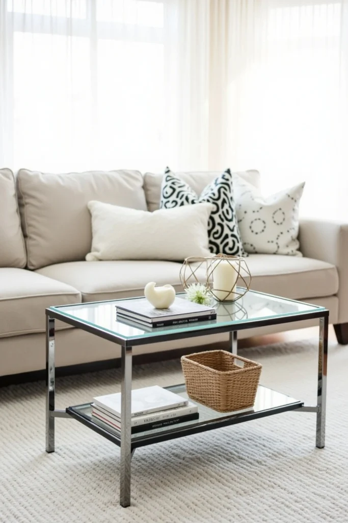 "Modern living room with two-tier glass coffee table styled with books, basket, and simple decor."