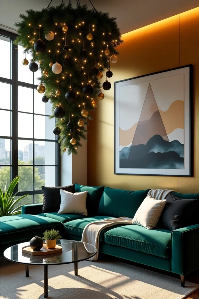 Upside-down tree in bold urban living room with jewel tones, gold decor, velvet sofa, and soft lighting