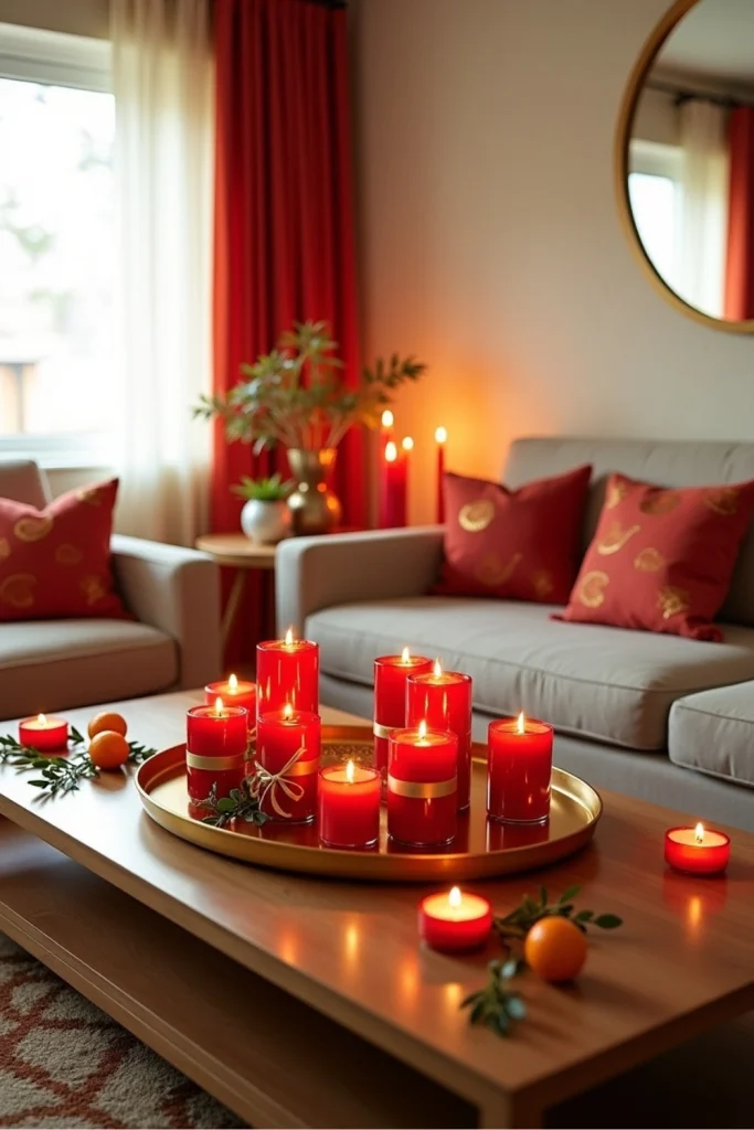 Red candles in gold and glass holders on tray with oranges, cozy Lunar New Year living room decoration.