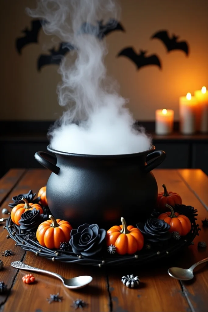 "Vintage black cauldron centerpiece with dry ice fog, pumpkins, and spooky Halloween wreath."
