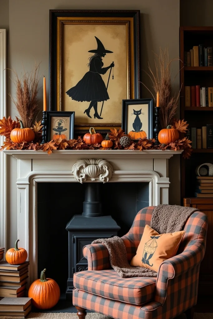 Framed vintage Halloween postcards with witches and pumpkins on a cozy, retro-themed mantel display.